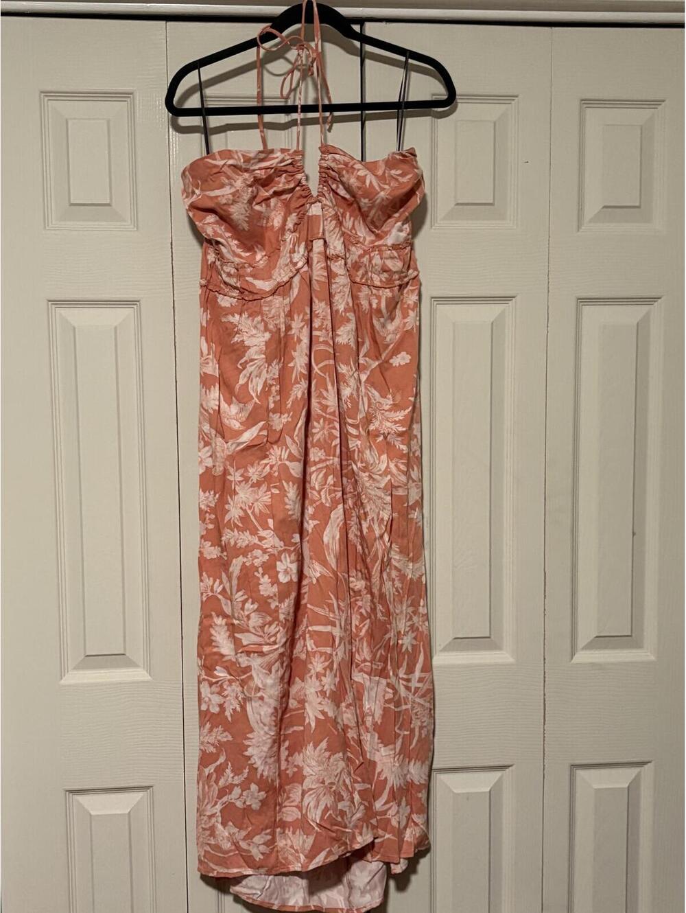 H&M Tropical Halter Maxi Dress Coral Pink Floral Resort Dress
